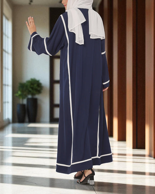 Front Open Abaya in Firdaus Fabric with White Taping, Snap Buttons, Wide Sleeves & V-Neck