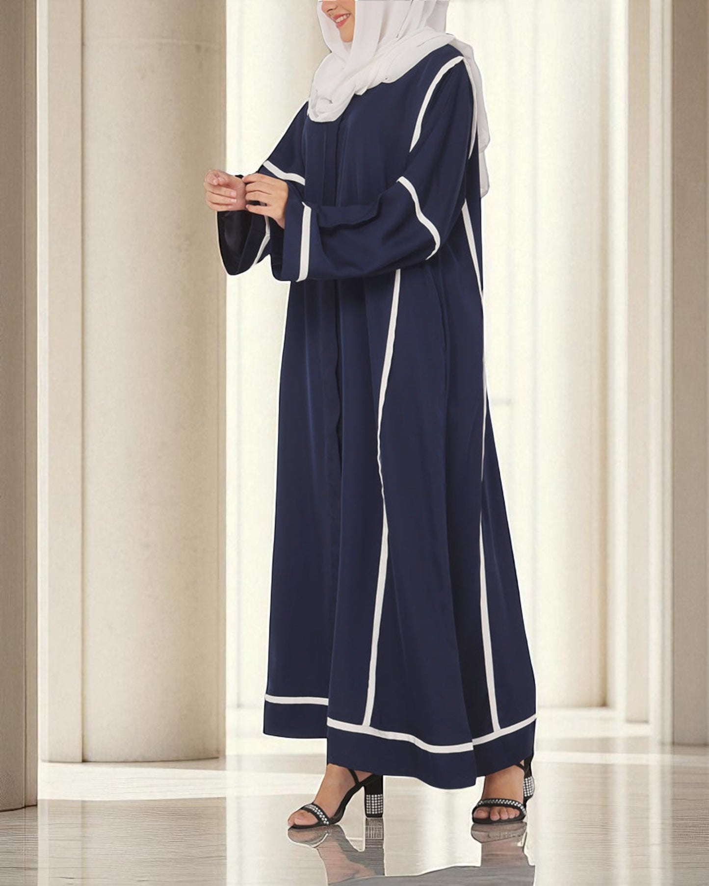 Front Open Abaya in Firdaus Fabric with White Taping, Snap Buttons, Wide Sleeves & V-Neck