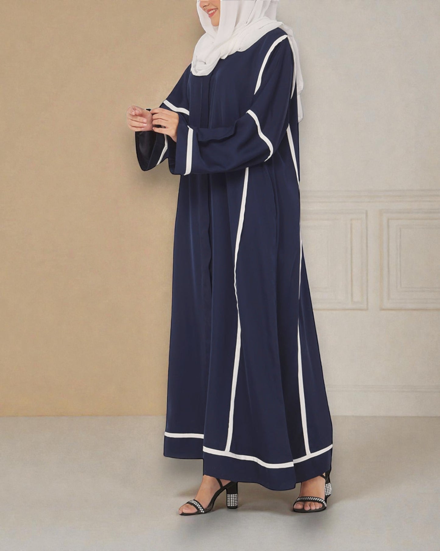 Front Open Abaya in Firdaus Fabric with White Taping, Snap Buttons, Wide Sleeves & V-Neck