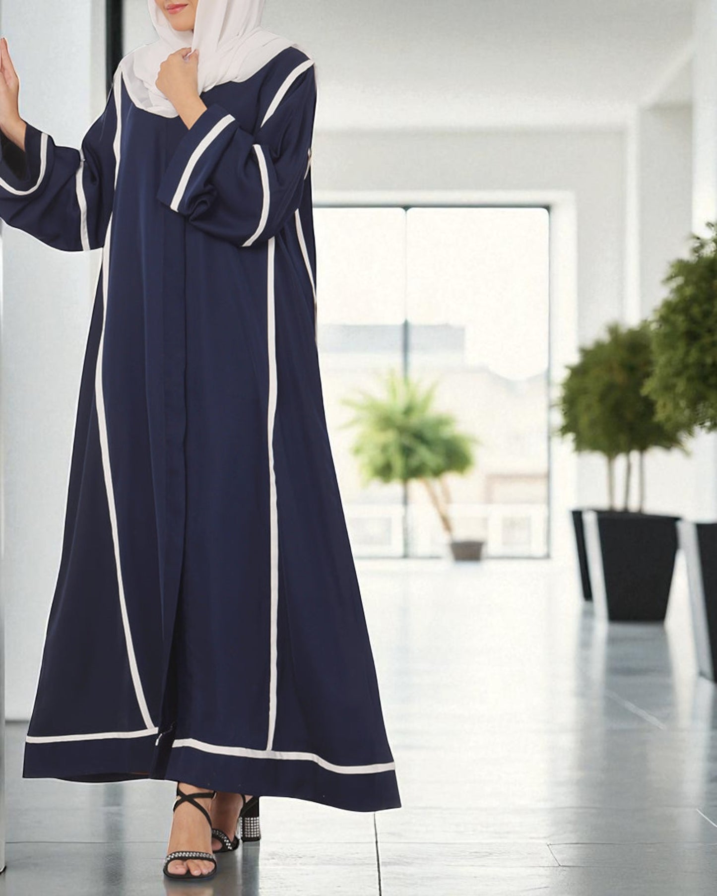 Front Open Abaya in Firdaus Fabric with White Taping, Snap Buttons, Wide Sleeves & V-Neck