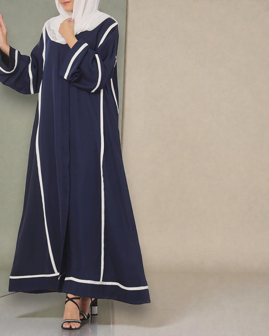 Front Open Abaya in Firdaus Fabric with White Taping, Snap Buttons, Wide Sleeves & V-Neck