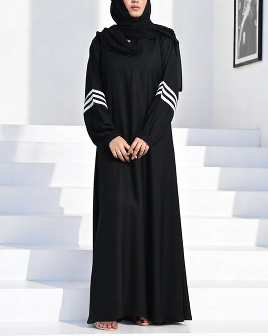 Black A-Line Closed Abaya in Firdaus Fabric with White Sleeve Stripes & Elasticated Cuffs