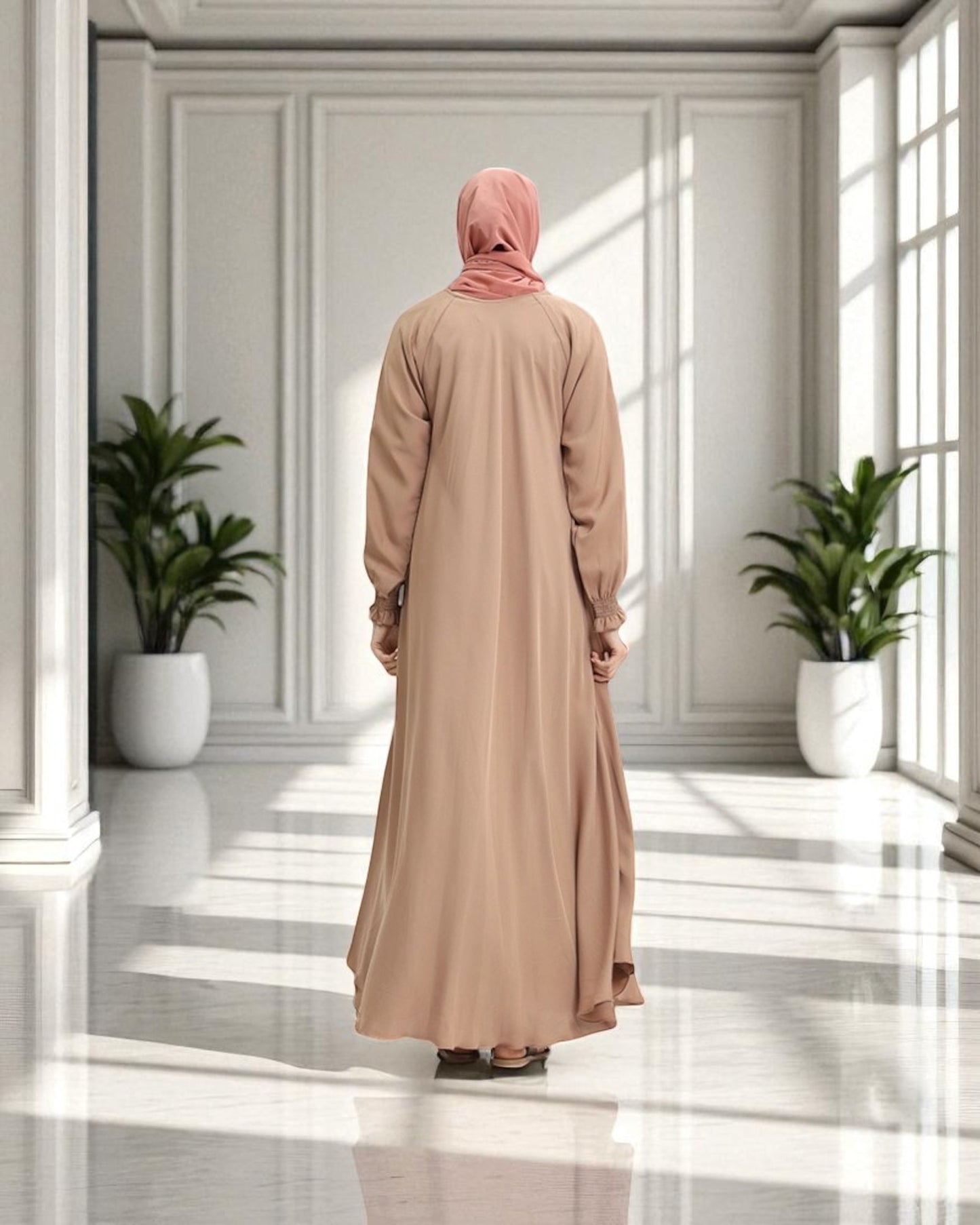 Closed Abaya with Flare - Smocking Sleeves - Side Pockets - Complementary Hijab - Firdaus Fabric