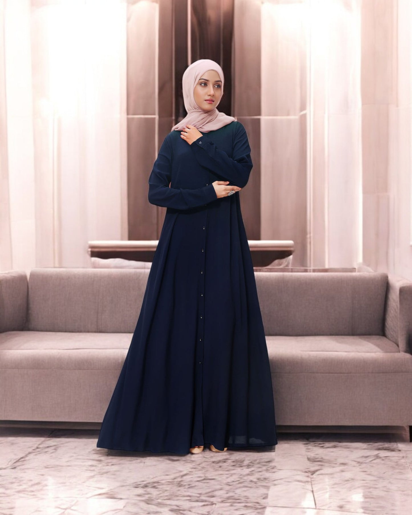 Front Open Firdaus Fabric Abaya with Button Opening