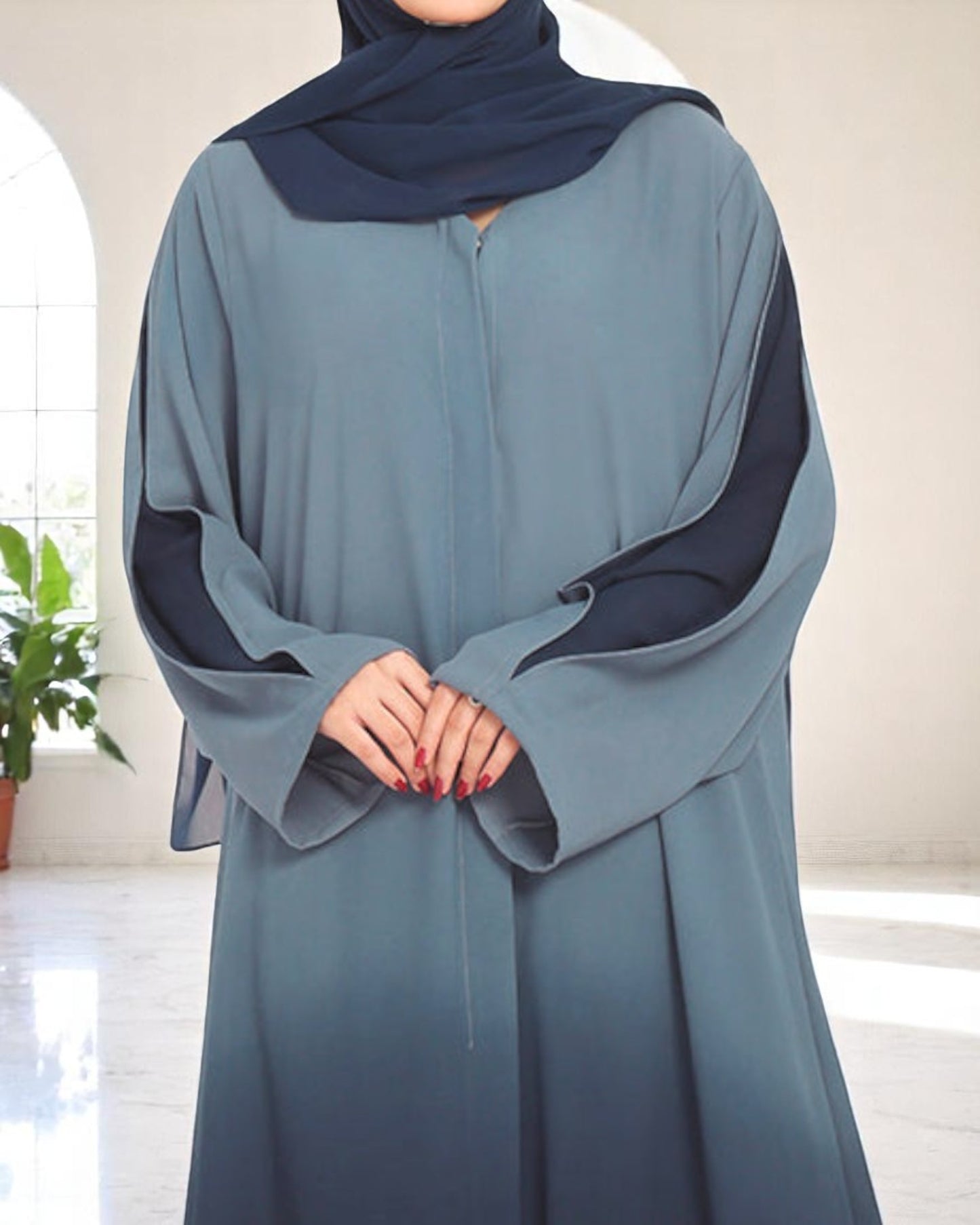 Designer Front Open Abaya with Dual-Color Sleeves, Back Pleats, Snap Buttons & Flared Bottom