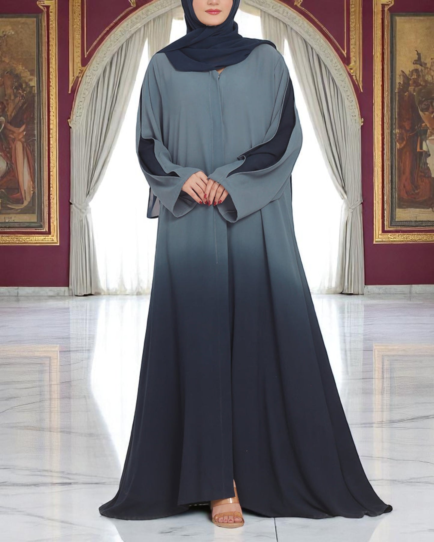 Designer Front Open Abaya with Dual-Color Sleeves, Back Pleats, Snap Buttons & Flared Bottom