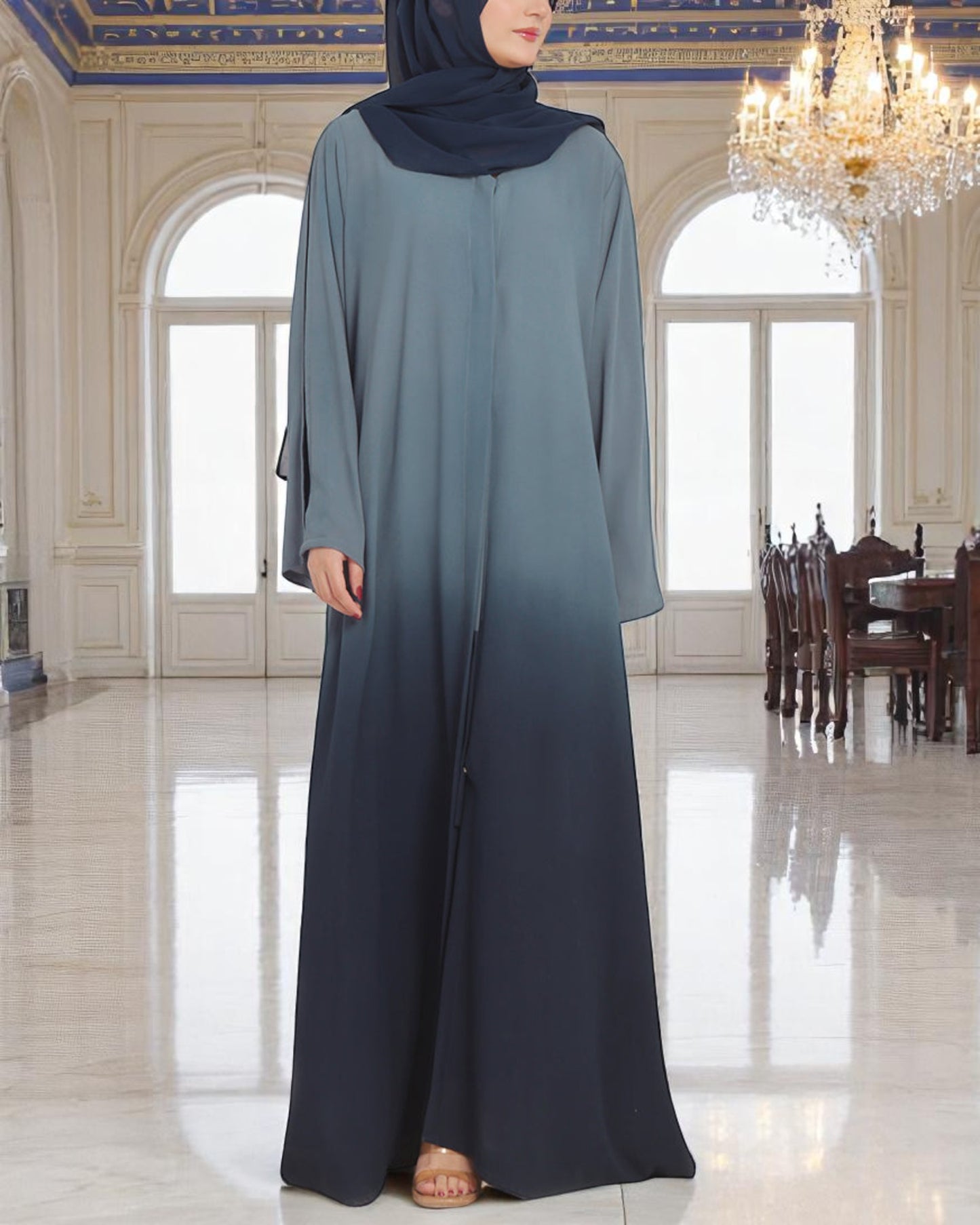 Designer Front Open Abaya with Dual-Color Sleeves, Back Pleats, Snap Buttons & Flared Bottom
