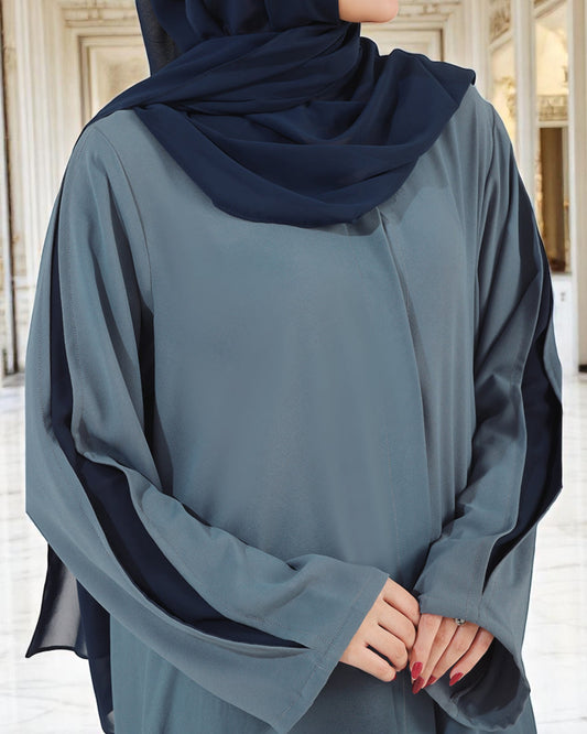 Designer Front Open Abaya with Dual-Color Sleeves, Back Pleats, Snap Buttons & Flared Bottom