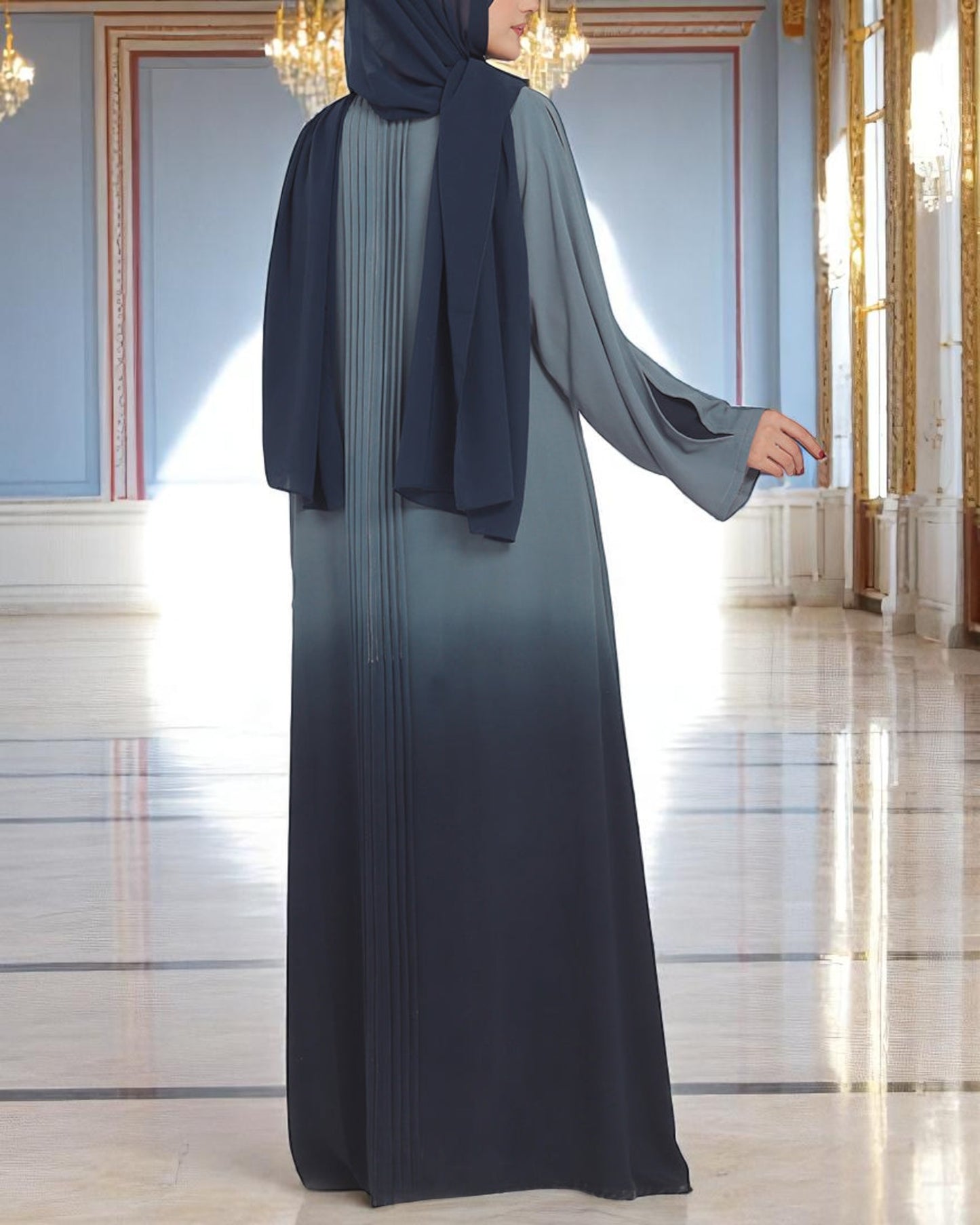 Designer Front Open Abaya with Dual-Color Sleeves, Back Pleats, Snap Buttons & Flared Bottom