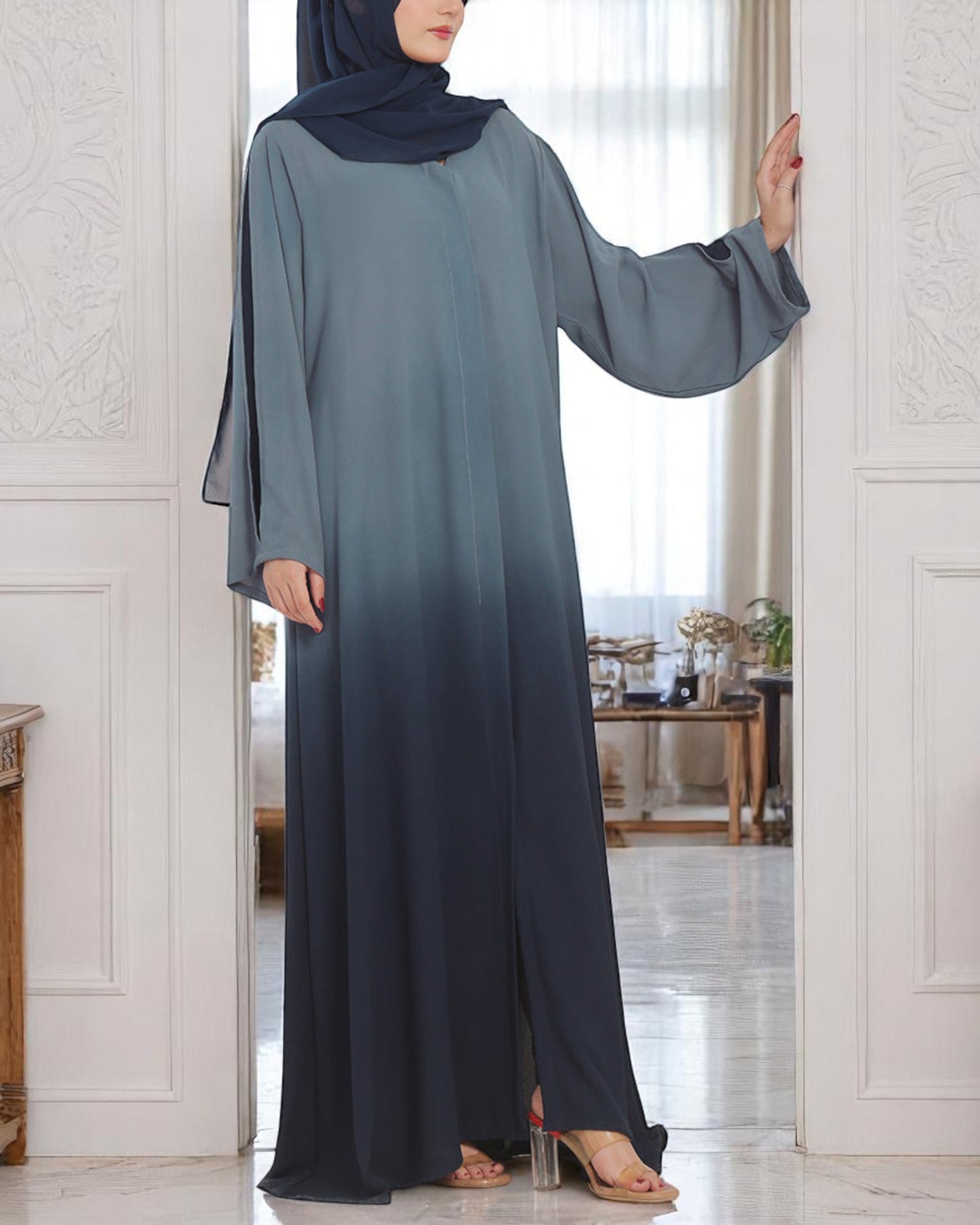 Designer Front Open Abaya with Dual-Color Sleeves, Back Pleats, Snap Buttons & Flared Bottom