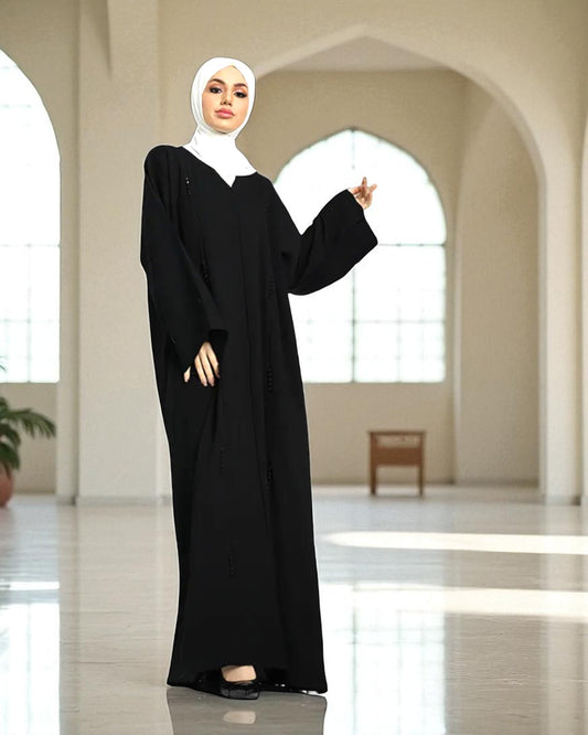Closed Abaya with Piping Design and Beadwork - Wide Sleeves - Side Pockets - Premium Tiktok Fabric - Complementary Hijab