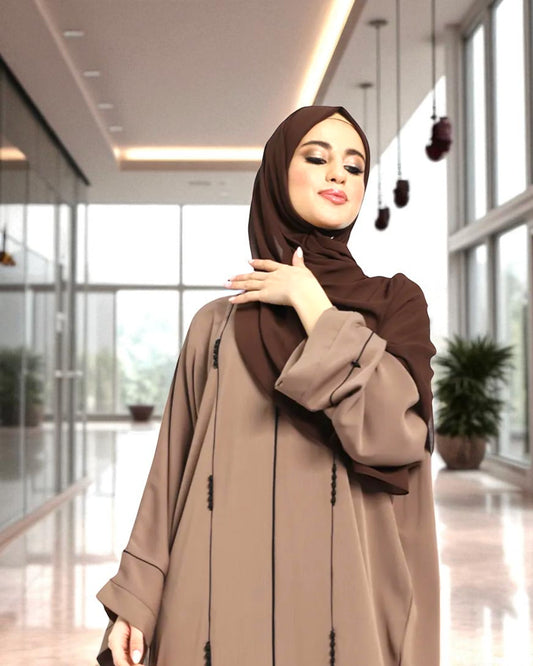 Closed Abaya with Piping Design and Beadwork - Wide Sleeves - Side Pockets - Premium Tiktok Fabric - Complementary Hijab