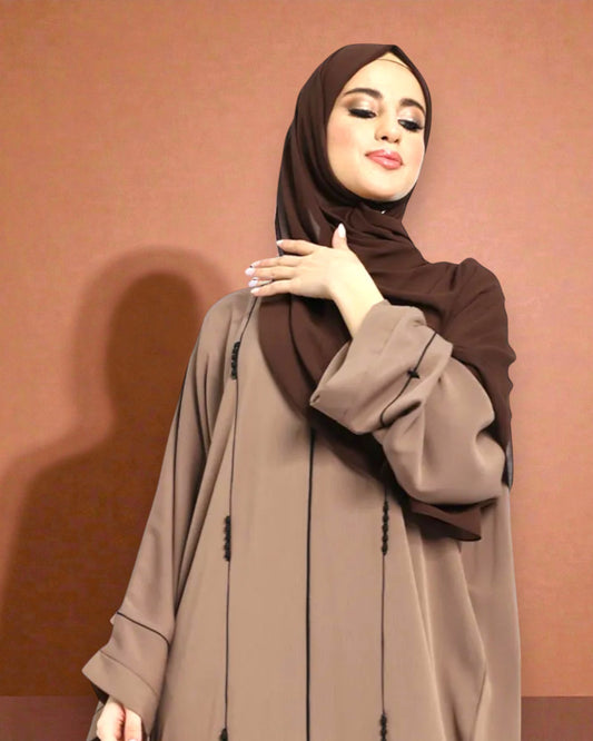 Closed Mahram Abaya with Piping Design and Beadwork in Premium Tiktok Fabric