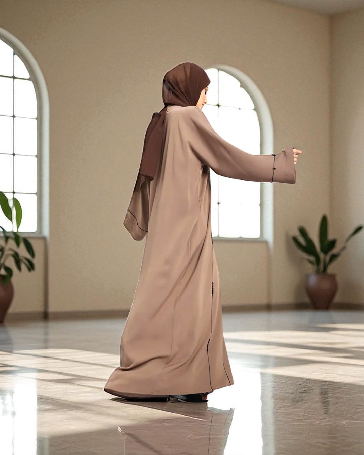 Closed Abaya with Piping Design and Beadwork - Wide Sleeves - Side Pockets - Premium Tiktok Fabric - Complementary Hijab