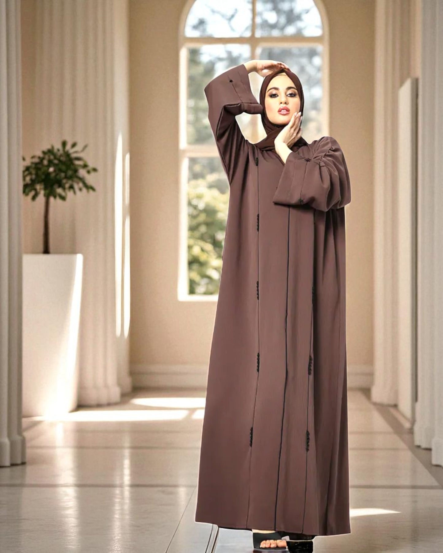 Closed Abaya with Piping Design and Beadwork - Wide Sleeves - Side Pockets - Premium Tiktok Fabric - Complementary Hijab