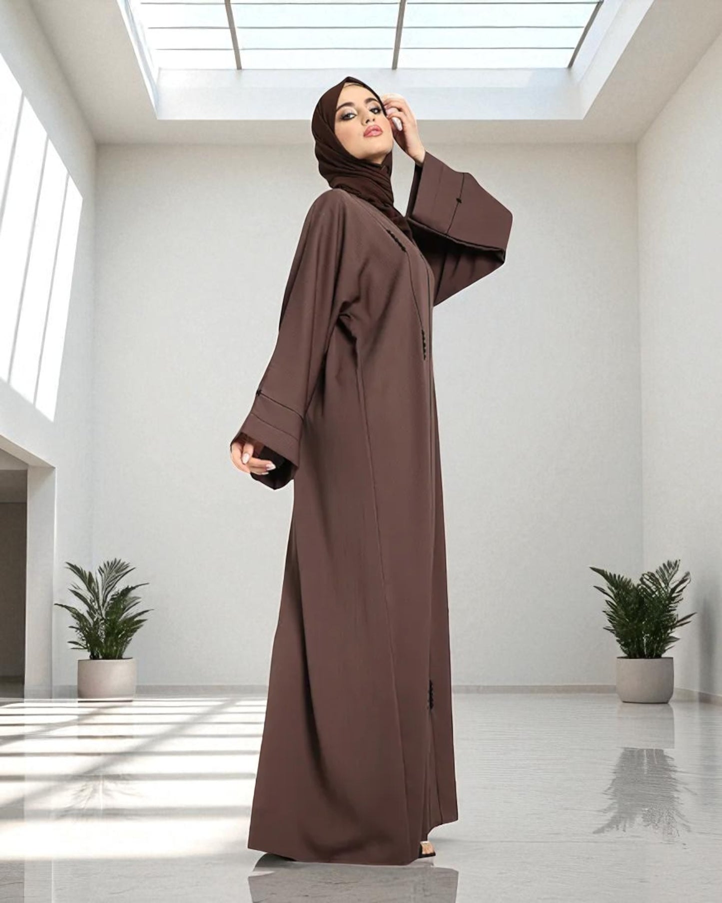 Closed Abaya with Piping Design and Beadwork - Wide Sleeves - Side Pockets - Premium Tiktok Fabric - Complementary Hijab