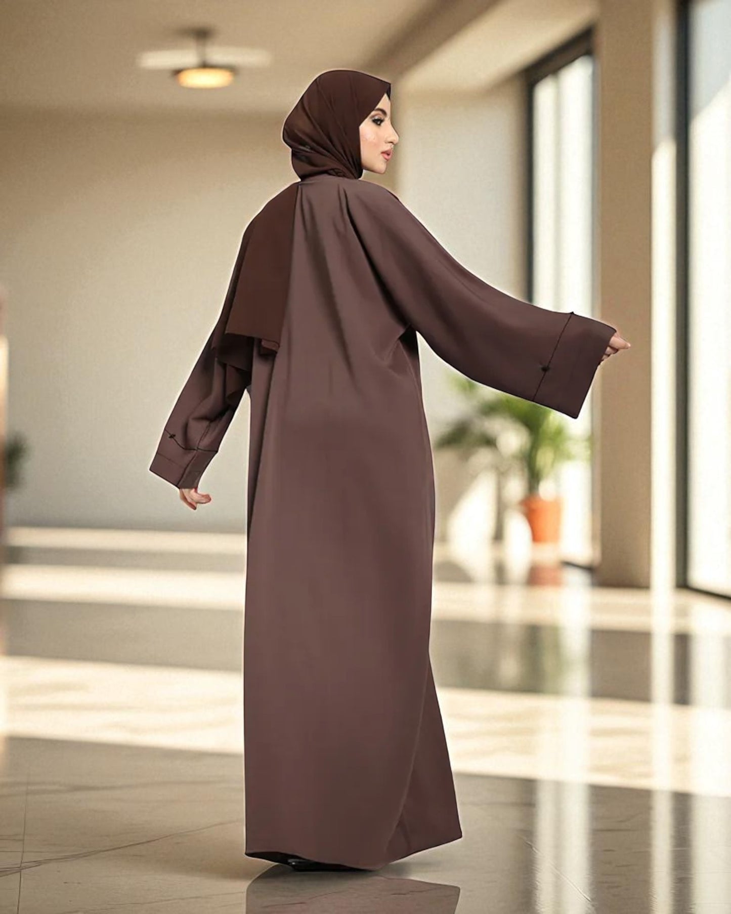 Closed Abaya with Piping Design and Beadwork - Wide Sleeves - Side Pockets - Premium Tiktok Fabric - Complementary Hijab
