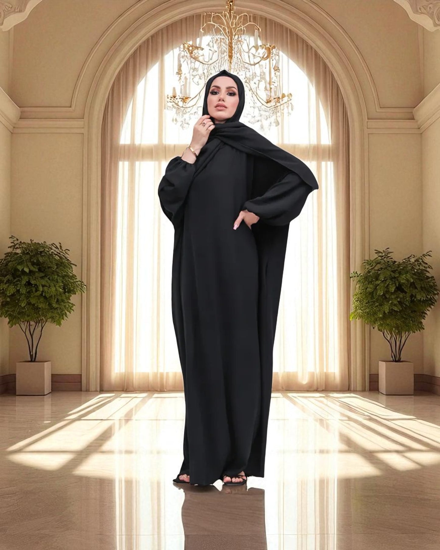 Free Size Kaftan Abaya - CYE Crush Fabric - Elasticated Sleeves - Matching Hijab