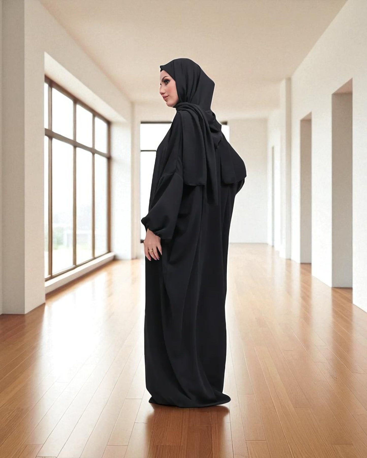 Free Size Kaftan Abaya - CYE Crush Fabric - Elasticated Sleeves - Matching Hijab