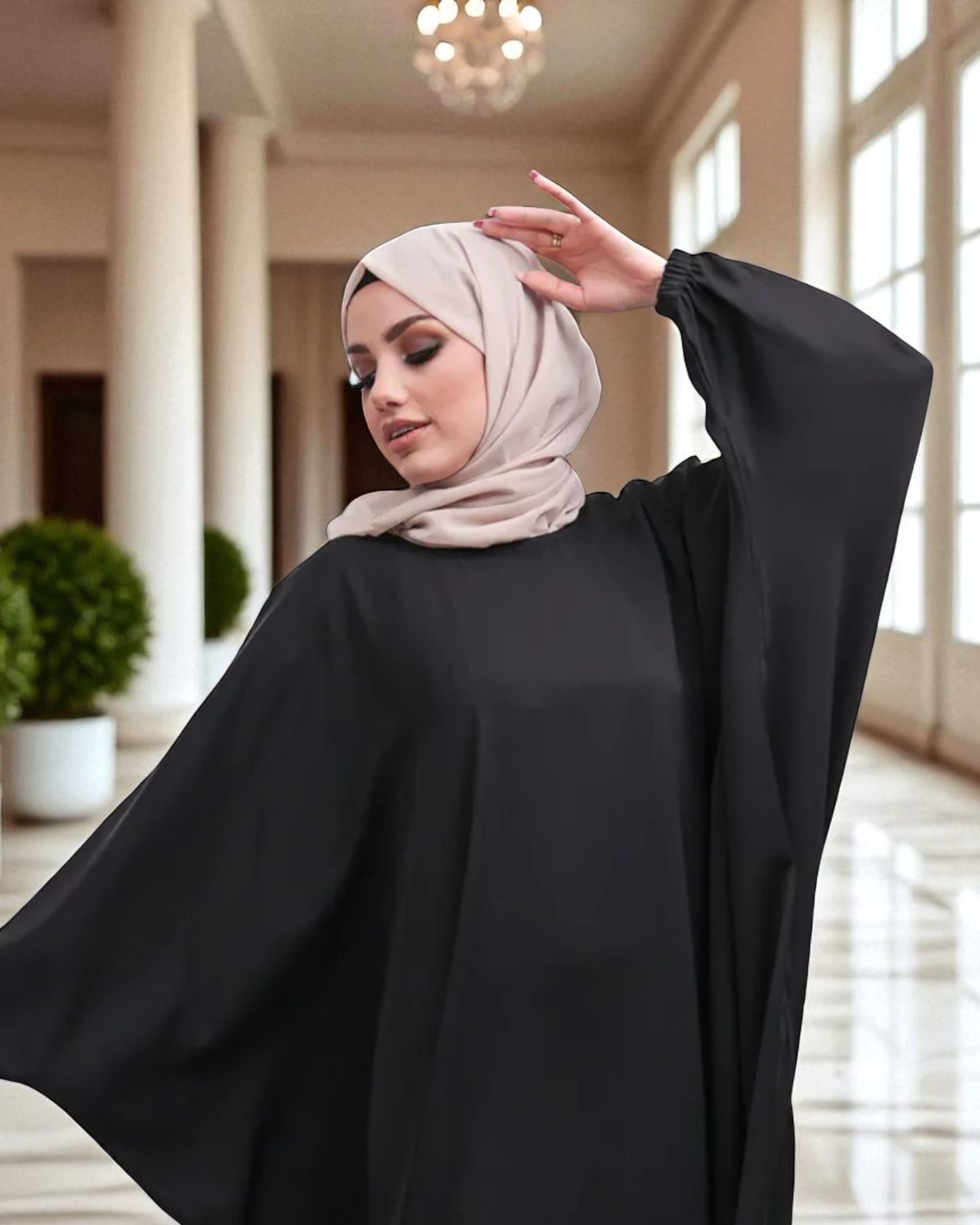 Free Size Kaftan Abaya - CYE Crush Fabric - Elasticated Sleeves - Matching Hijab