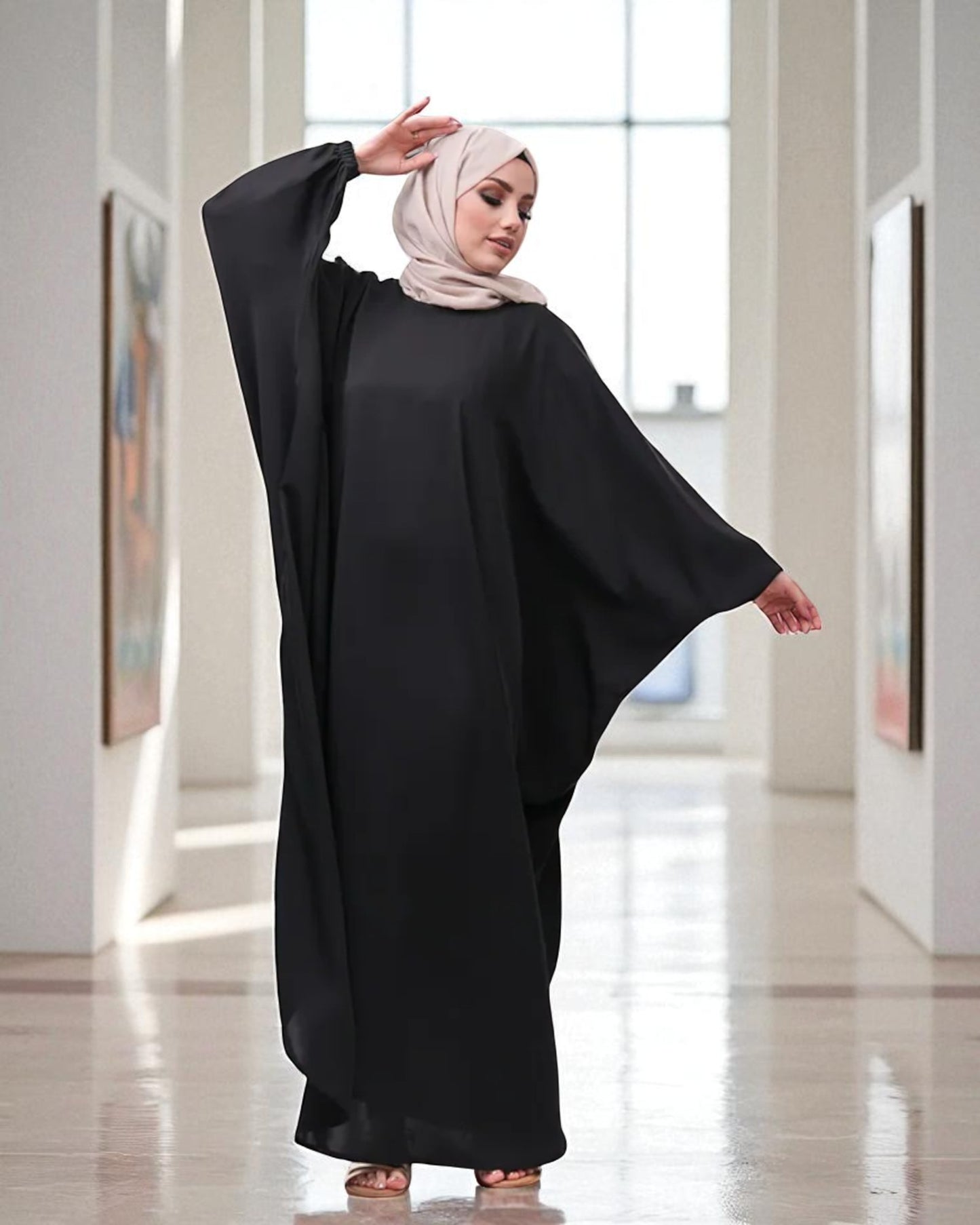 Free Size Kaftan Abaya - CYE Crush Fabric - Elasticated Sleeves - Matching Hijab