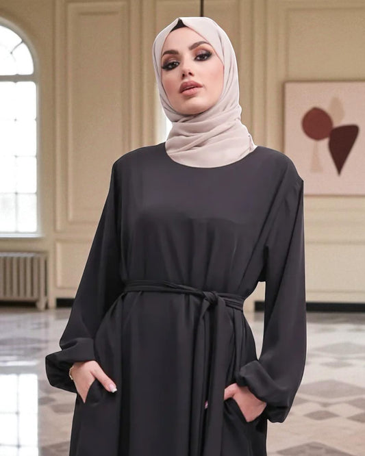 Closed Abaya with Flare - Elasticated Sleeves - Side Pockets - Matching Belt - Complementary Hijab - Nida Satin Fabric