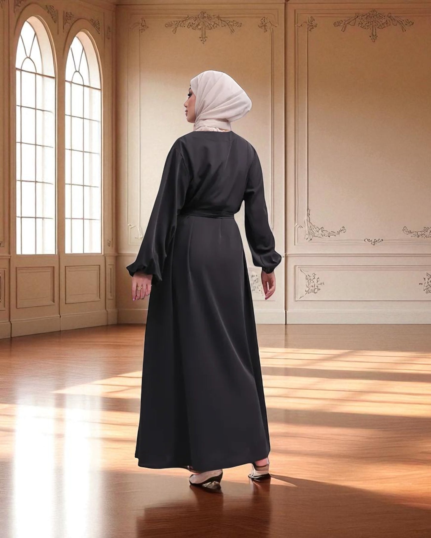 Closed Abaya with Flare - Elasticated Sleeves - Side Pockets - Matching Belt - Complementary Hijab - Nida Satin Fabric