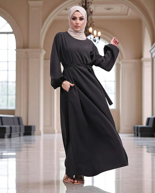 Closed Abaya with Flare - Elasticated Sleeves - Side Pockets - Matching Belt - Complementary Hijab - Nida Satin Fabric