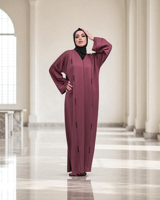 Closed Abaya with Piping Design and Beadwork - Wide Sleeves - Side Pockets - Premium Tiktok Fabric - Complementary Hijab
