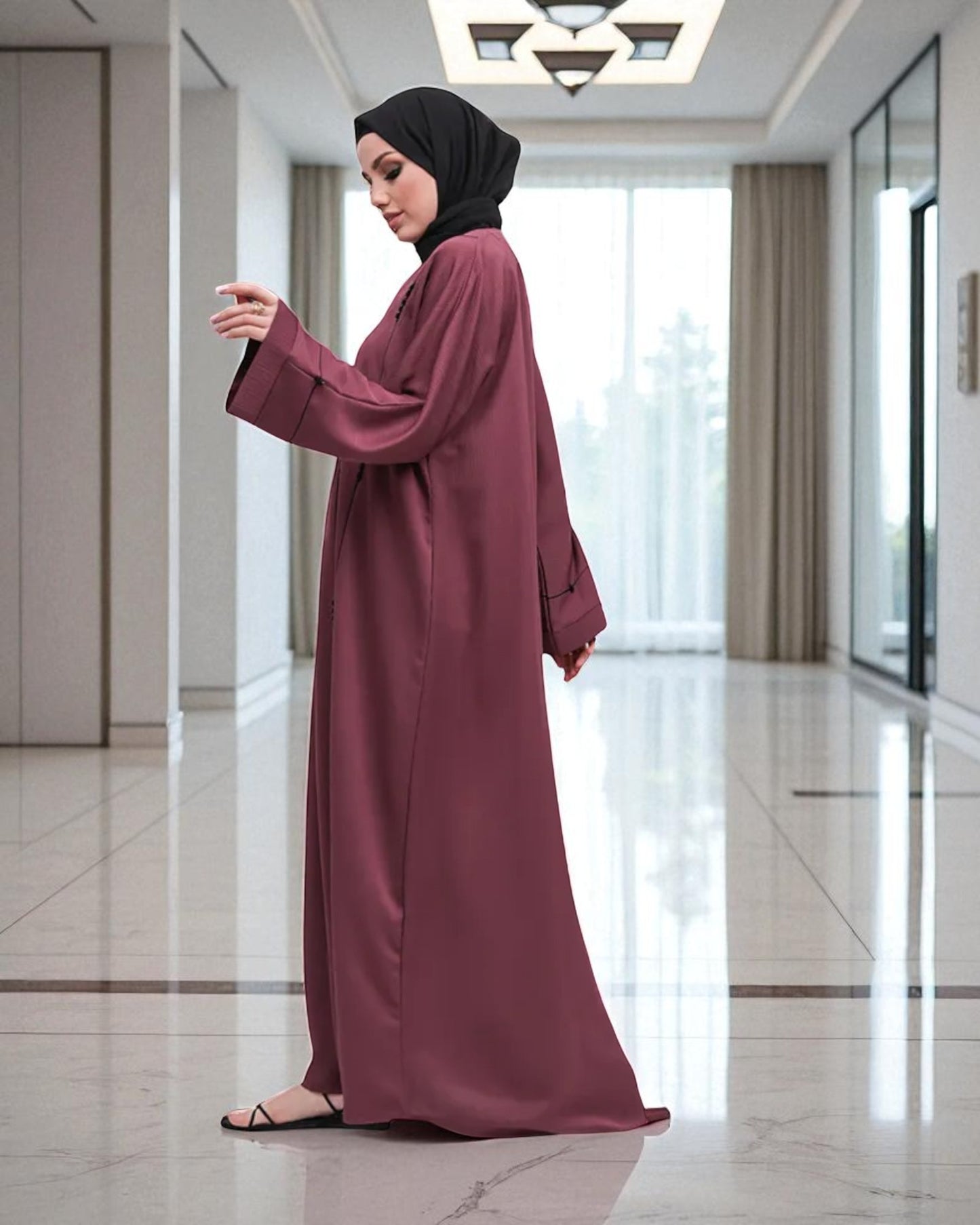Closed Abaya with Piping Design and Beadwork - Wide Sleeves - Side Pockets - Premium Tiktok Fabric - Complementary Hijab