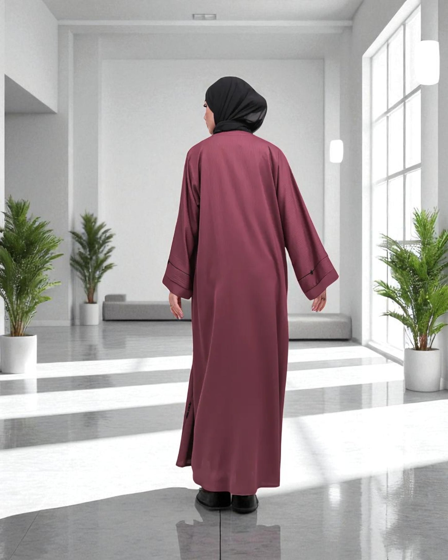 Closed Abaya with Piping Design and Beadwork - Wide Sleeves - Side Pockets - Premium Tiktok Fabric - Complementary Hijab