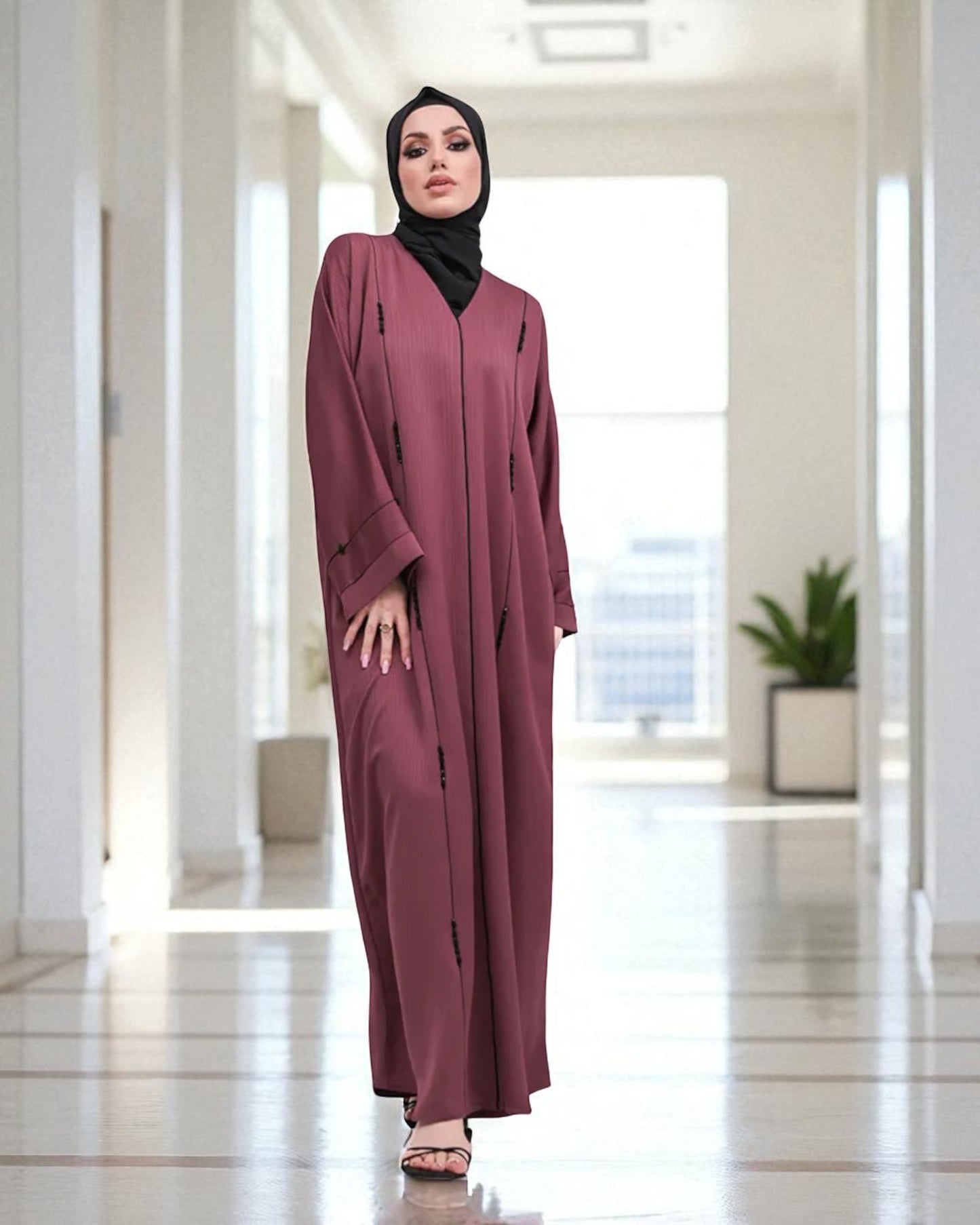 Closed Abaya with Piping Design and Beadwork - Wide Sleeves - Side Pockets - Premium Tiktok Fabric - Complementary Hijab