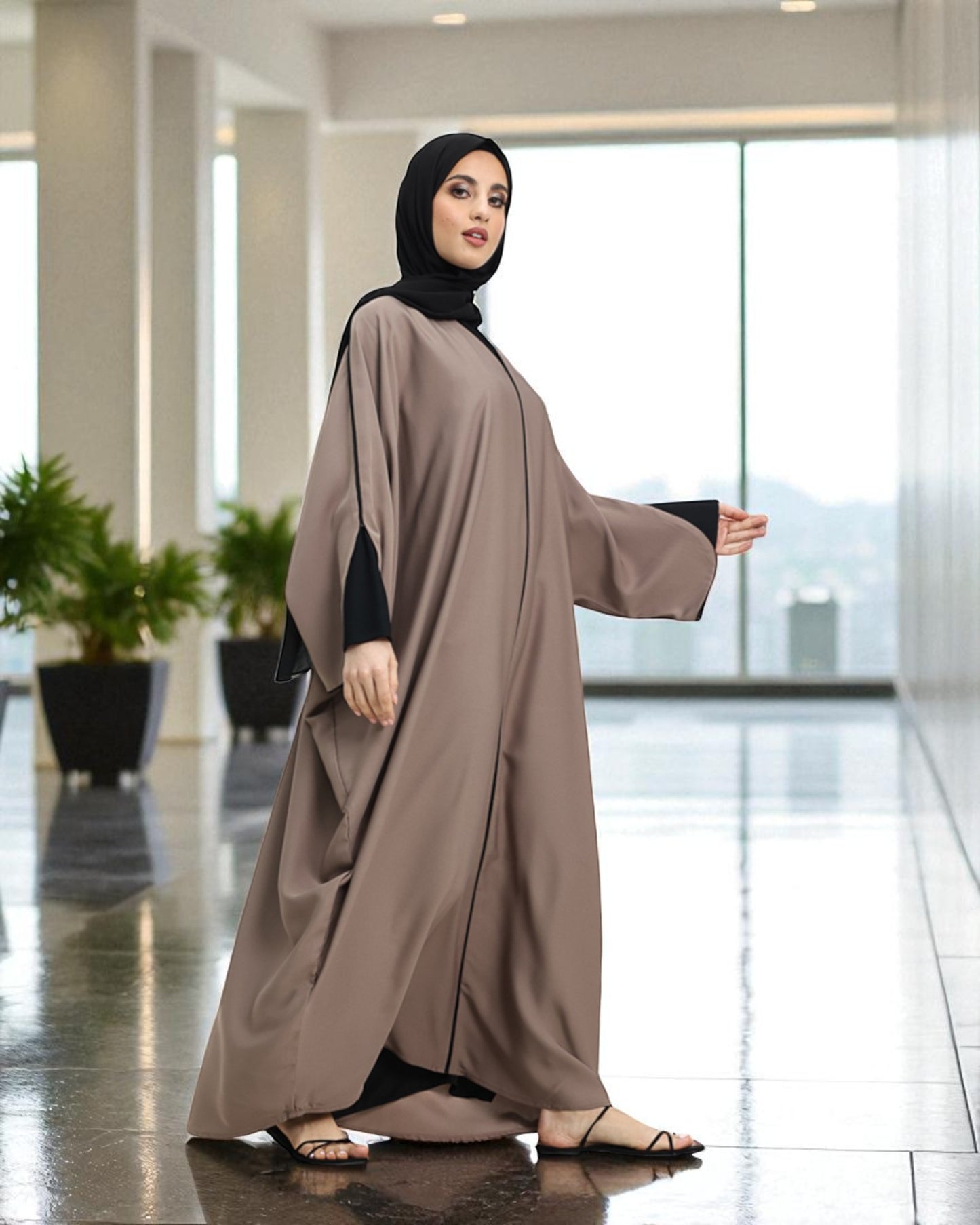 Free Size Kaftan Abaya in Premium Tiktok Fabric - Closed Abaya - Piping Design - Contrast Piping - Designer Sleeves - Complementary Hijab