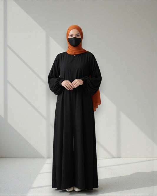 Black Abaya With Hijab – Front Open Zipper Style