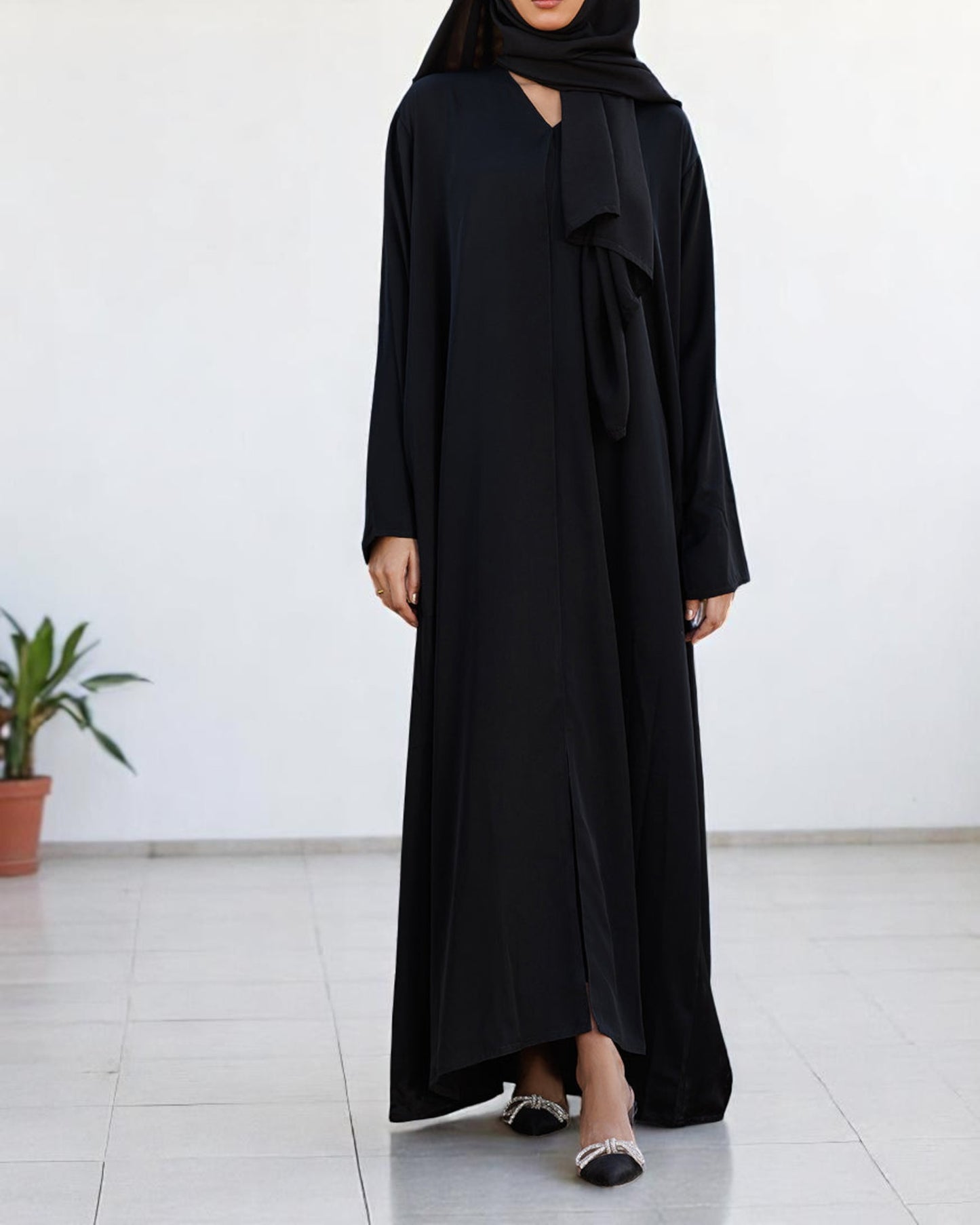 Front Open Black Abaya in Firdaus Fabric with Snap Buttons, Wide Sleeves, Pockets & V-Neck