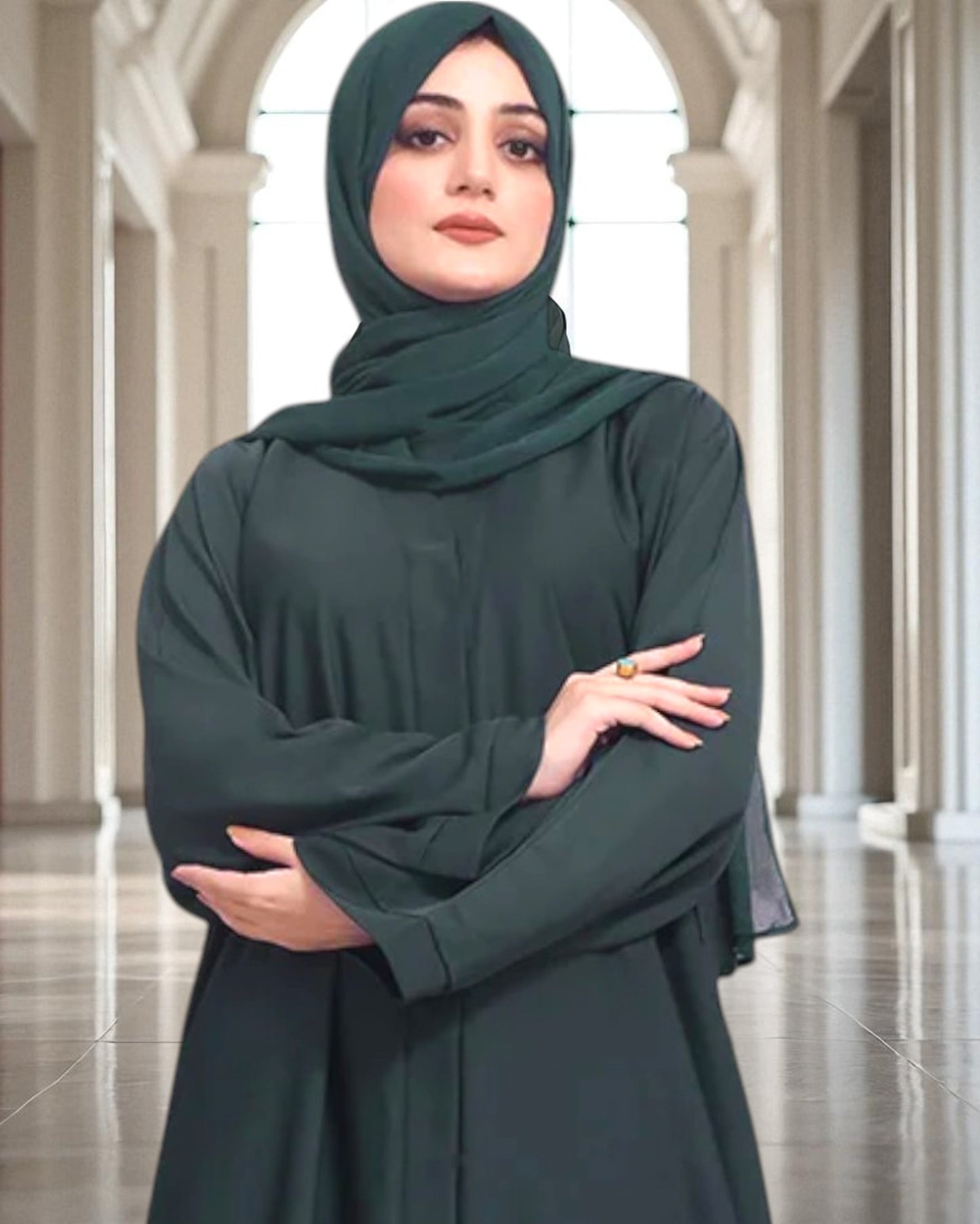 Front Open Abaya with Placket - Side Pockets - Regular Sleeves - Matching Hijab