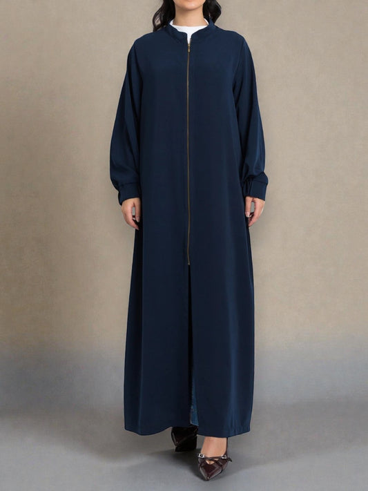 Front Open Abaya with Full Zipper in Firdaus Fabric - Elasticated Sleeves - Side Pockets - Complementary Hijab