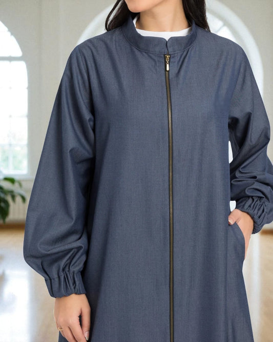Front Open Abaya with Full Zipper in Silky Denim Fabric - Elasticated Sleeves - Side Pockets - Complementary Hijab