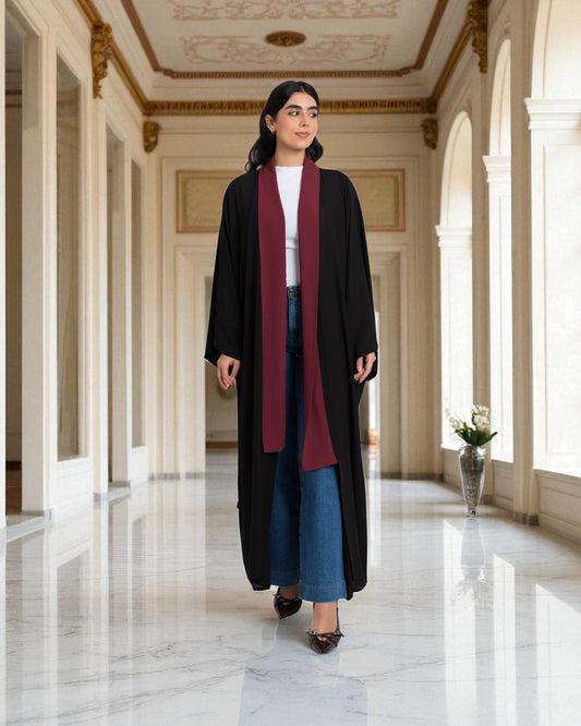 Shrug Like Abaya in Firdaus Fabric without Buttons - Contrast Color Panels - Side Pockets - Wide Sleeves - V-Neck - Complementary Hijab