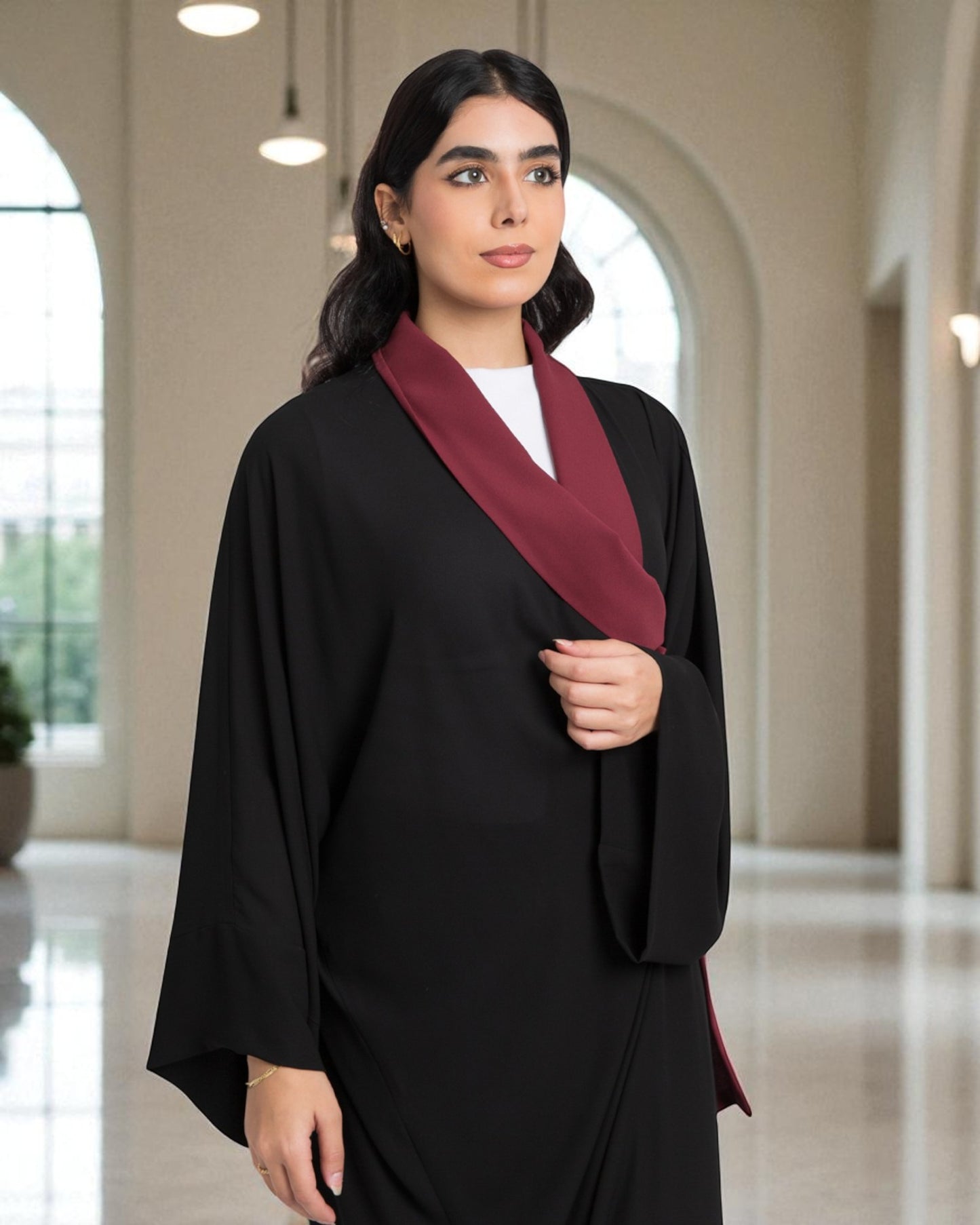 Shrug Like Abaya in Firdaus Fabric without Buttons - Contrast Color Panels - Side Pockets - Wide Sleeves - V-Neck - Complementary Hijab