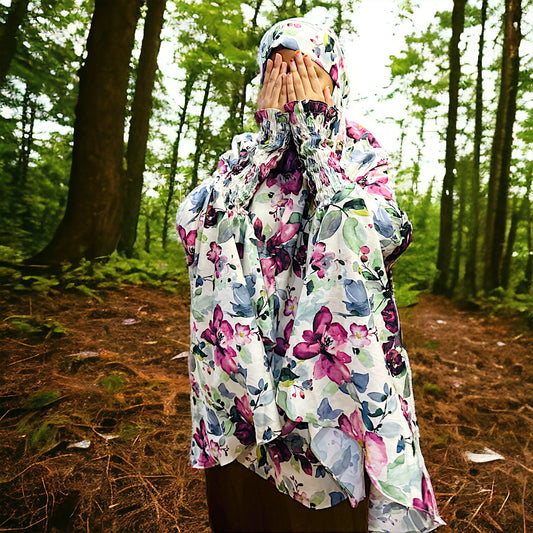 Printed Khimar-Long Prayer Hijab With Attached Mouth-Piece