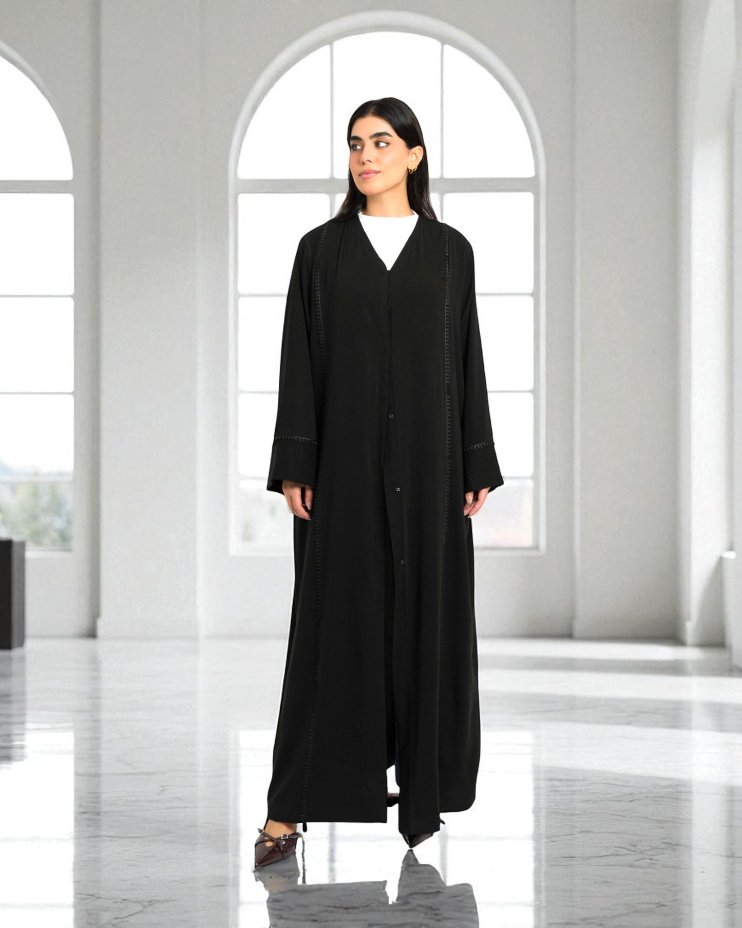 Front Open Abaya with Lacework - Firdaus Fabric - Wide Sleeves - Side Pockets - V Neck Design - Complementary Hijab