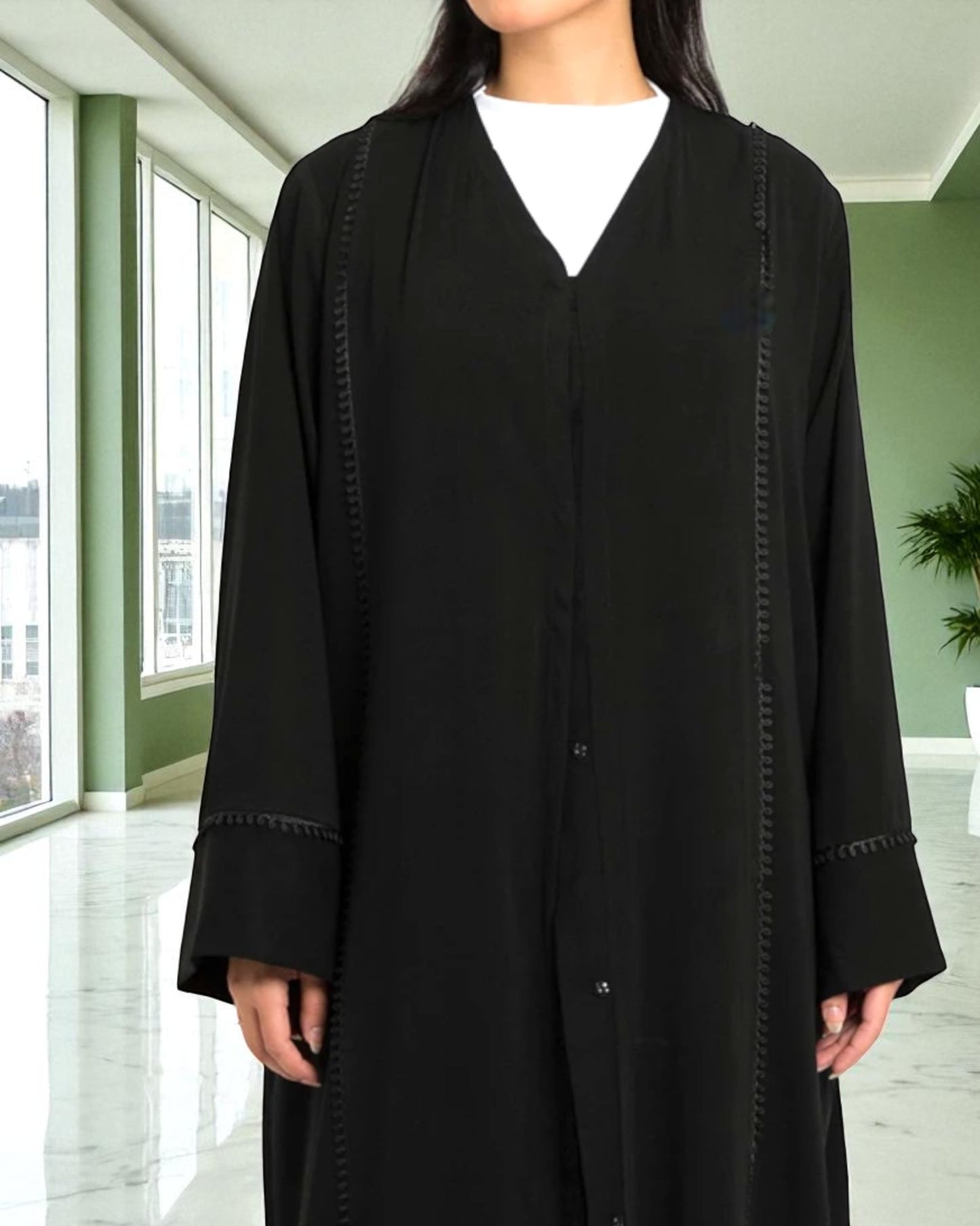 Front Open Abaya with Lacework - Firdaus Fabric - Wide Sleeves - Side Pockets - V Neck Design - Complementary Hijab
