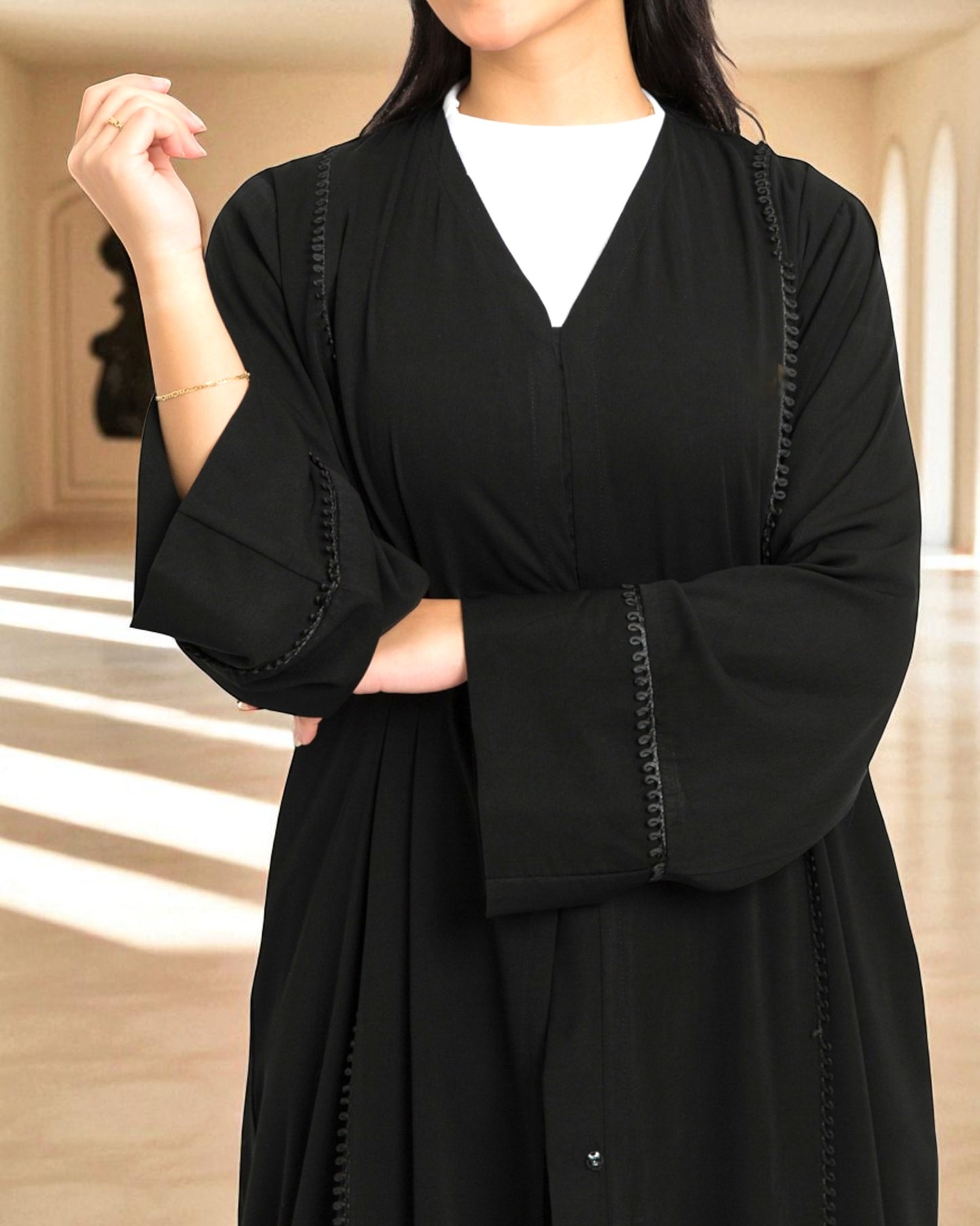 Front Open Abaya with Lacework - Firdaus Fabric - Wide Sleeves - Side Pockets - V Neck Design - Complementary Hijab