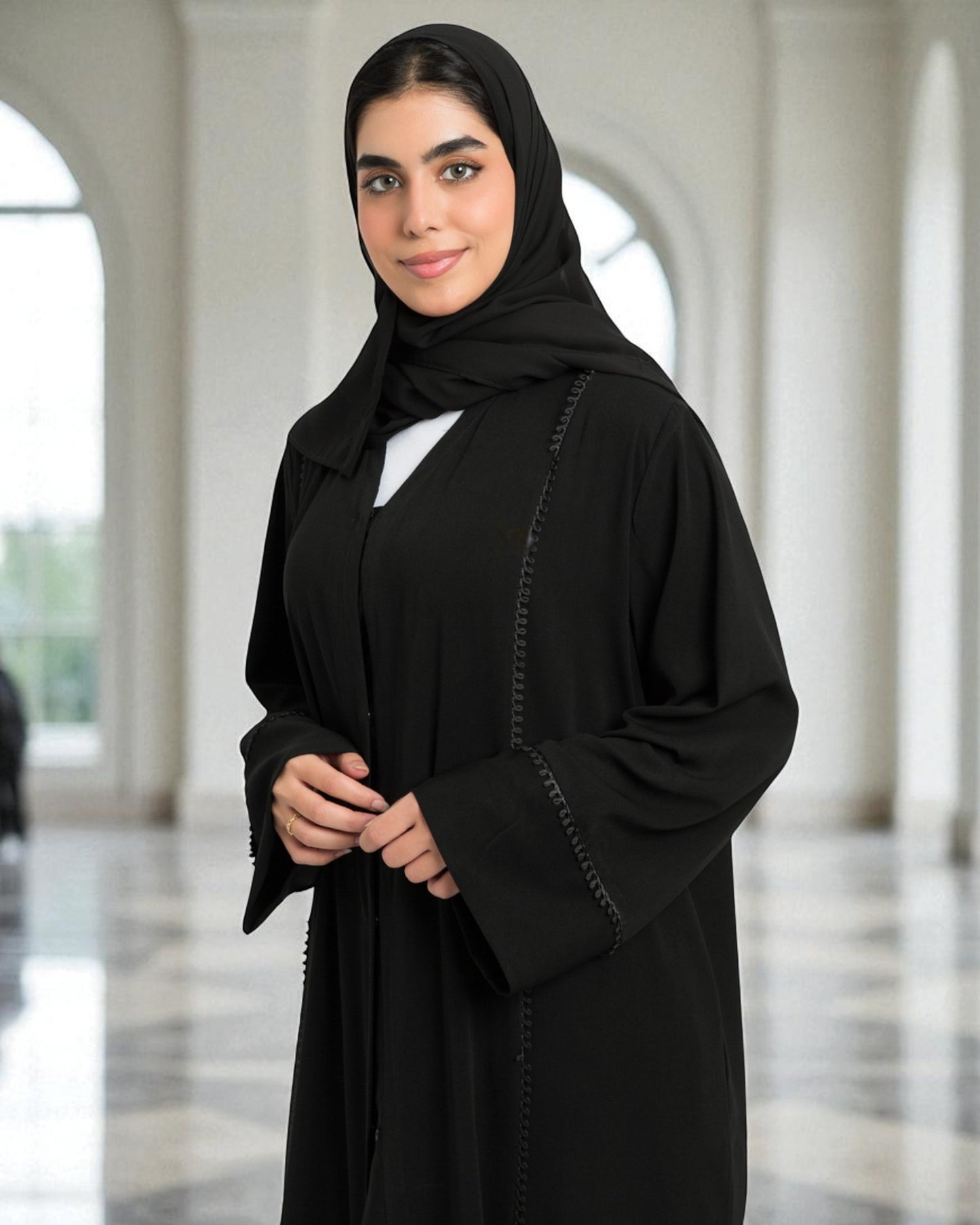 Front Open Abaya with Lacework - Firdaus Fabric - Wide Sleeves - Side Pockets - V Neck Design - Complementary Hijab