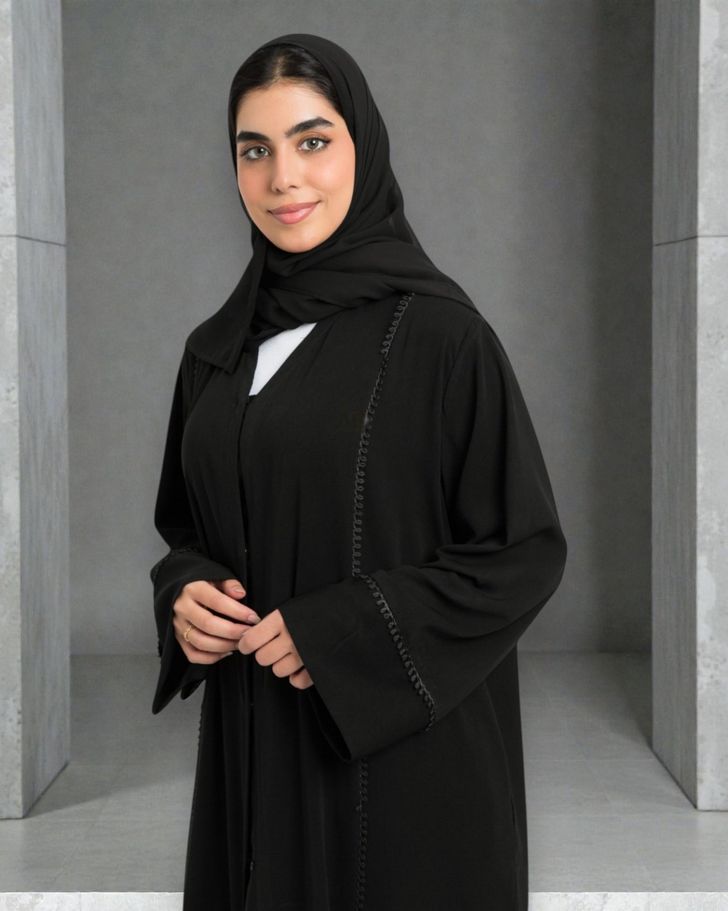 Front Open Abaya with Lacework - Firdaus Fabric - Wide Sleeves - Side Pockets - V Neck Design - Complementary Hijab