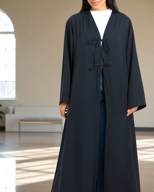 Shrug Like Abaya in Firdaus Fabric without Buttons - Ribbons to Tie and Close - Side Pockets - Wide Sleeves - V-Neck - Complementary Hijab