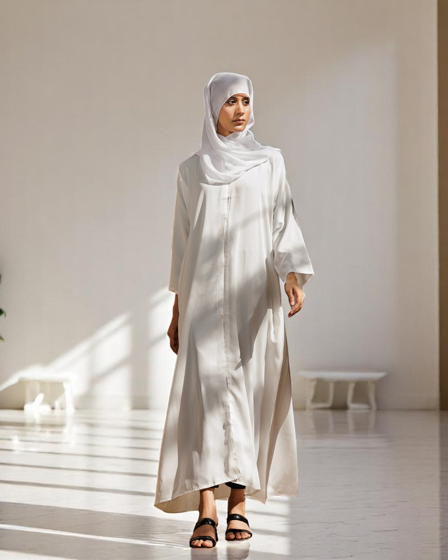 A-Line Closed White Abaya in CYE Crush Fabric with Show Buttons, Wide Sleeves, Pockets & V-Neck