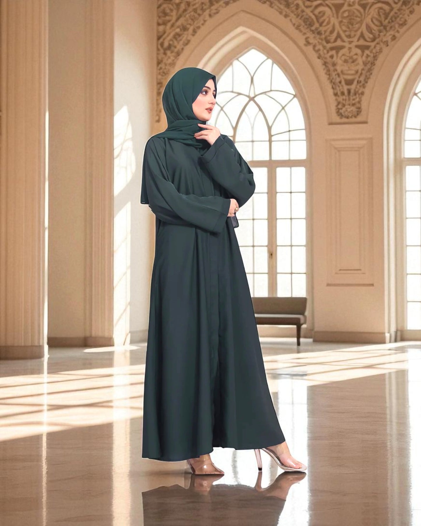Front Open Abaya with Placket - Side Pockets - Regular Sleeves - Matching Hijab