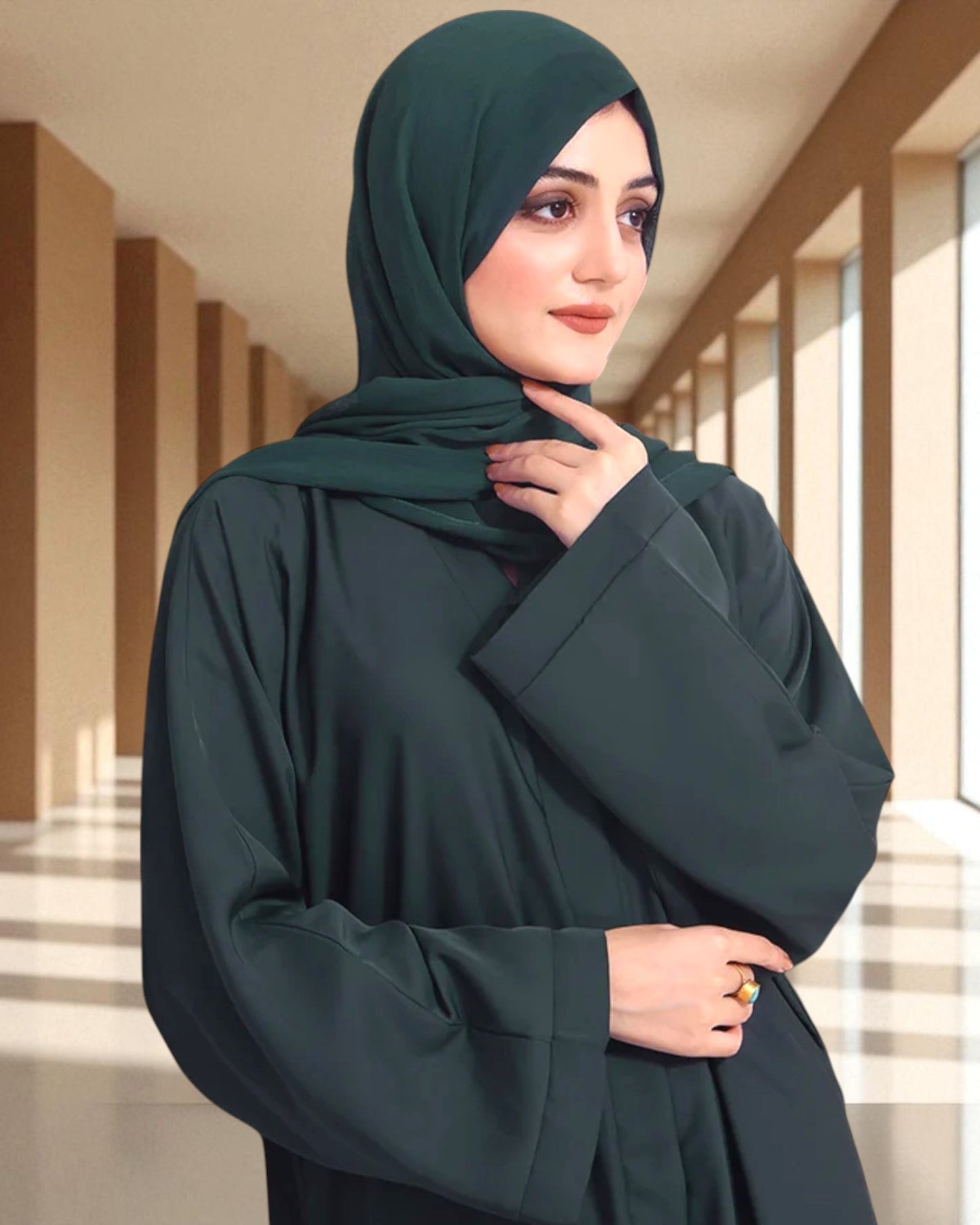 Front Open Abaya with Placket - Side Pockets - Regular Sleeves - Matching Hijab